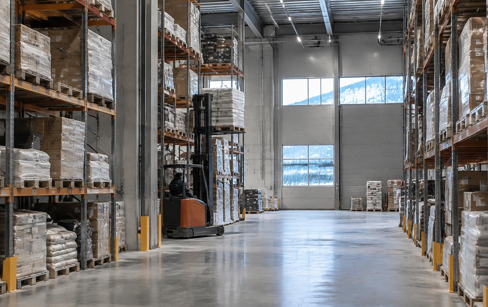 Oppvarmet lagerhall med paller og truck