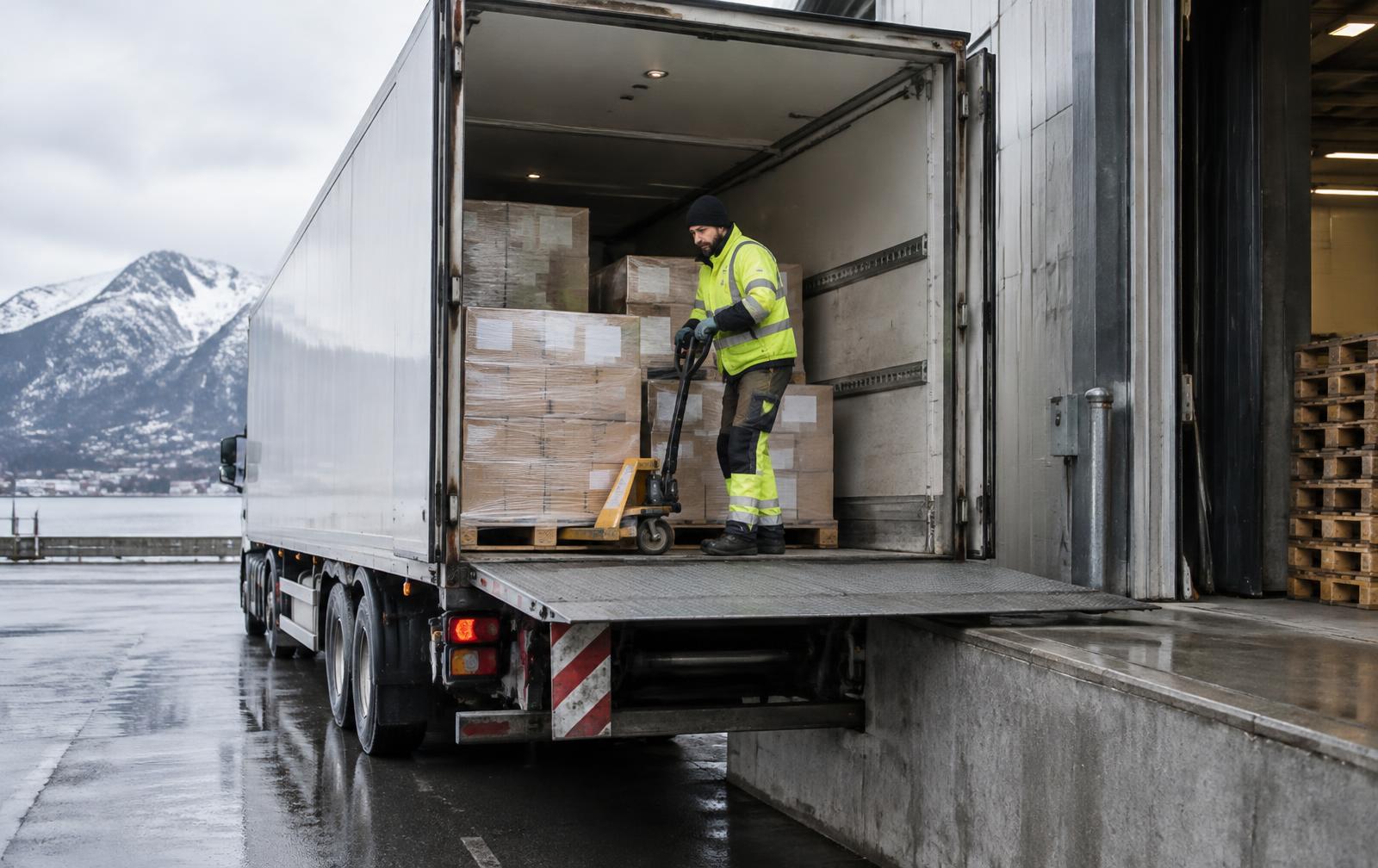 Lossing av paller fra lastebil ved rampe